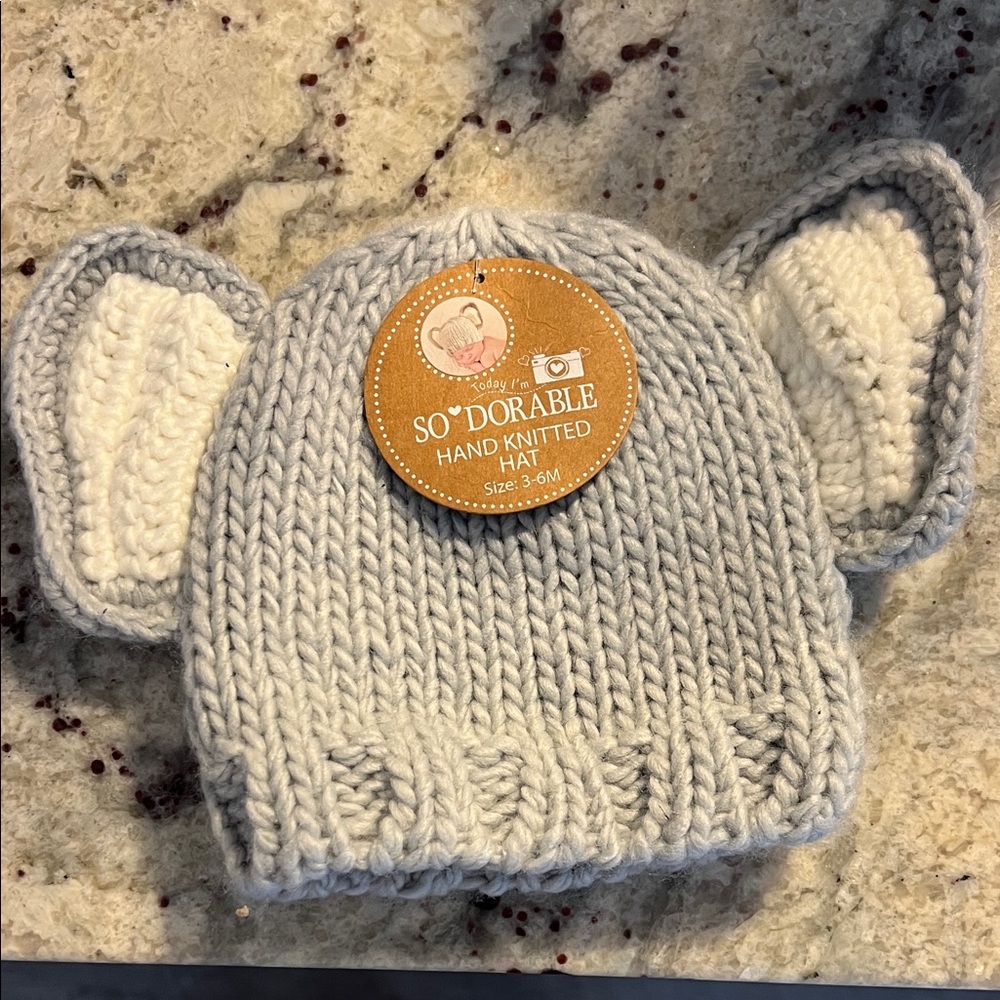 So Dorable Gray and Cream Hand Knitted Hat for baby 3-6 M